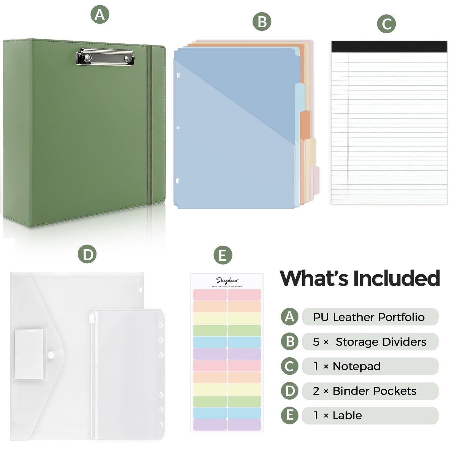 SKYDUE 3 Ring Binder 3 Inch D Ringr with Clipboard, PU Heavy Duty Clipboard Binder with Notepad & 5 Dividers with 5 Pockets, Labels, Clipboard Folder Great for School Office