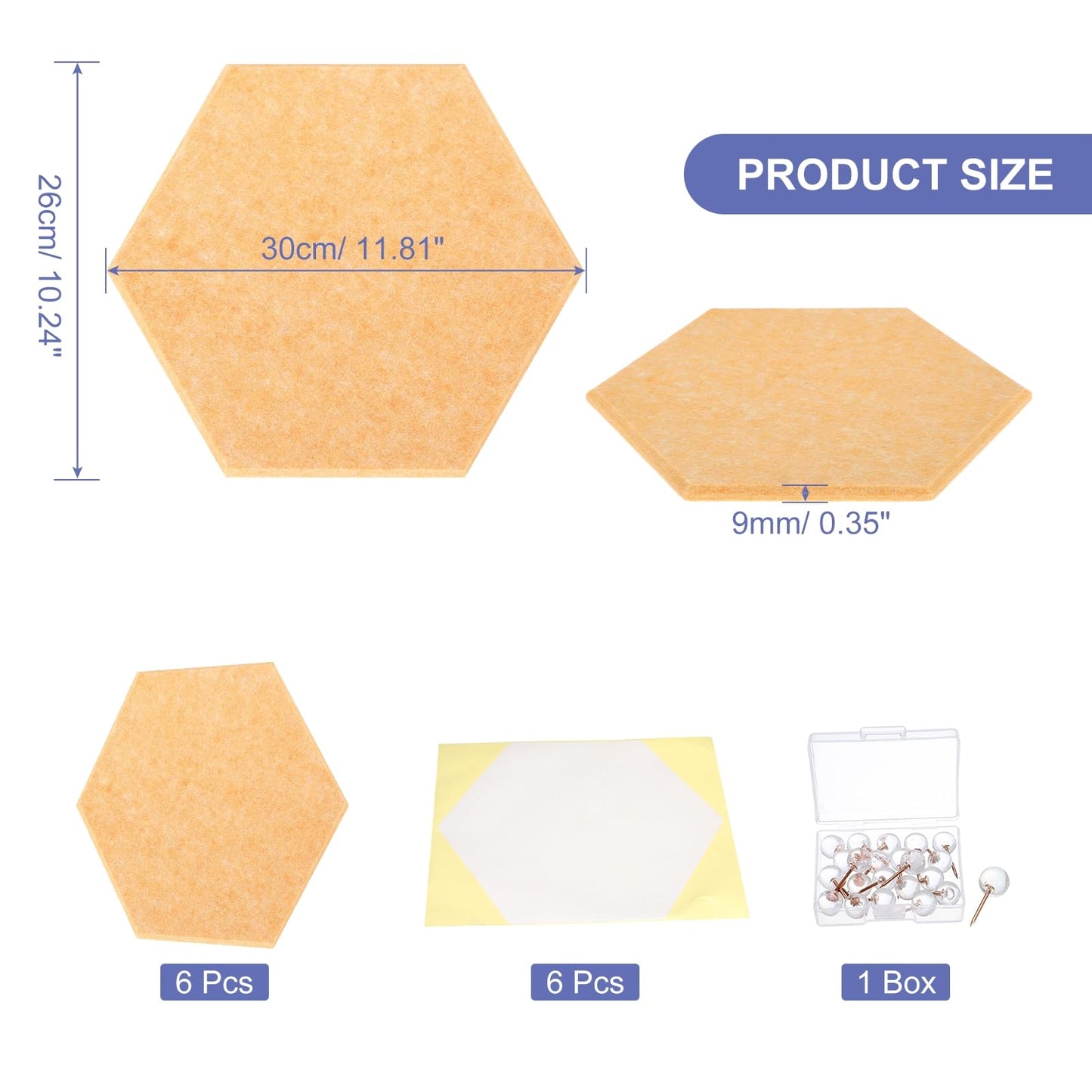 PATIKIL Felt Bulletin Board, 12"x10", 6 Packs Self Adhesive Hexagon Felt Tiles for Sound Proofing Wall Panels for Home Office Recording Studio,Game Room, Gold