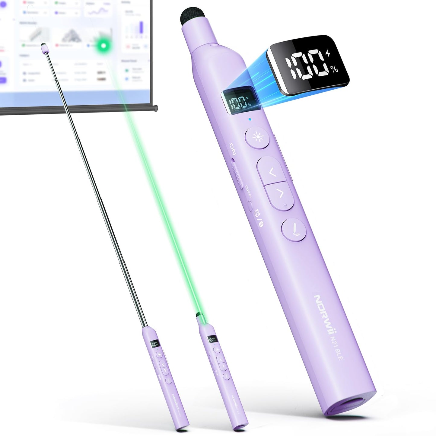 Norwii N21 Bluetooth Presentation Clicker with Telescopic Teaching Pointer, Presentation Remote with Retractable Stick for PowerPiont, Wireless Presenter, Slide Advancer - Purple