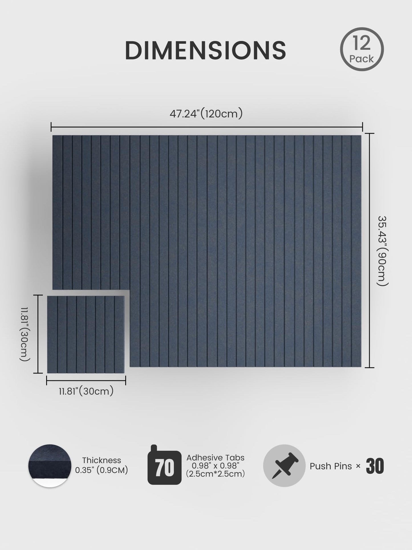 Bumusty Large Cork Board Alternative-48 x 36" Felt Bulletin Board Tiles, with 30 Pushpins, 70 Adhesive Tabs, Fine-Stripe 12-Pack, Cork Boards for Office Push Pin Board-Deep Charcoal Blue