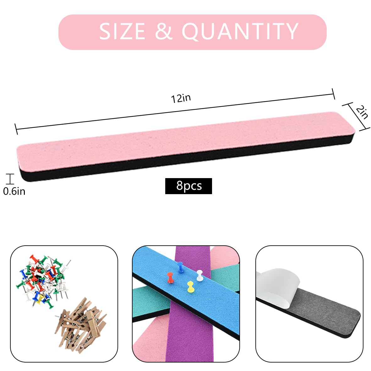 Vuzvuv 8 pcs Bulletin Board Bar Strips with 50 Pushpins & 10 Wooden Clip pins，Self Adhesive Cork Board for Wall，Felt Pin Board for School，Office Decor(Green Blue Pink Purple)