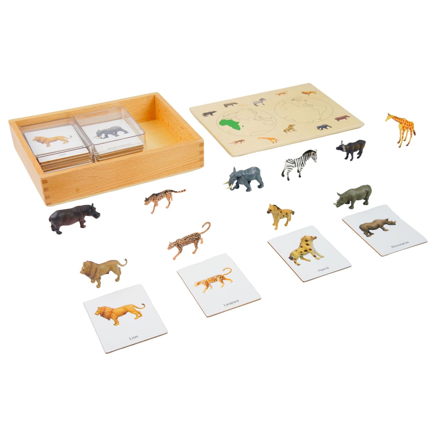 ancona African Animals, Spanish/English Bilingual, Montessori Preschool Memory Matching Game Box Set with Animal Figurines & 3-Part Cards, Early Education Toy