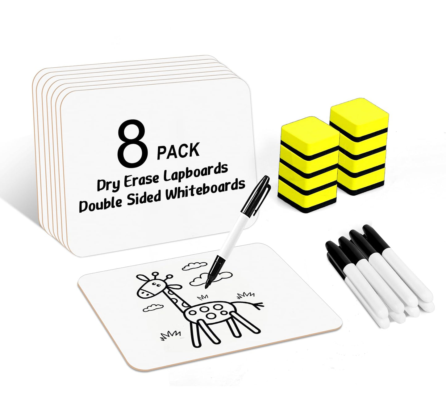 Dry Erase Lapboards, HERKKA 8 Pack Double Sided Dry Erase Lap Boards 9 x 12.5 Inch, 8 Markers, 8 Erasers, Small Dry Erase Boards for Classroom Supplies