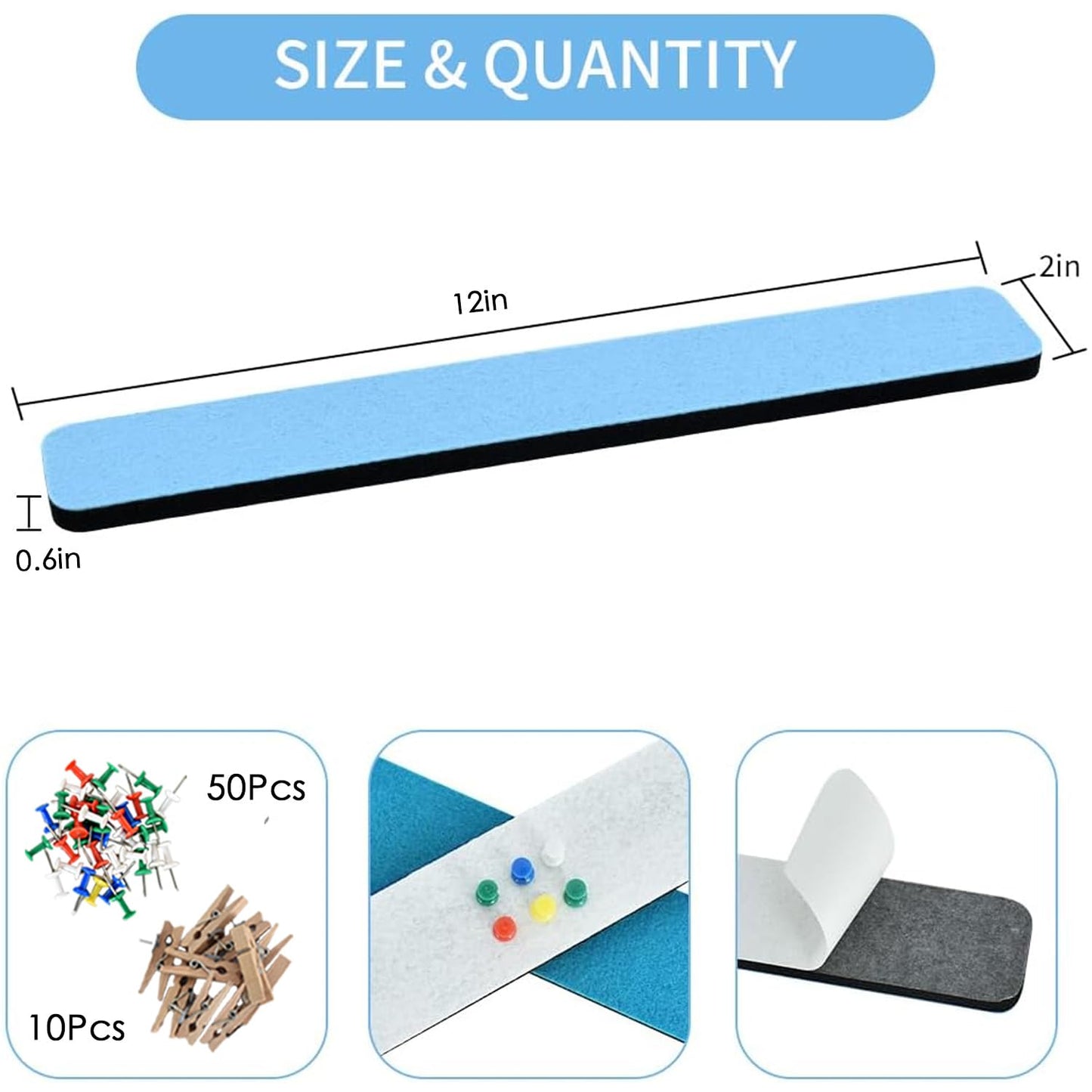 Vuzvuv 8 pcs Bulletin Board Bar Strips with 50 Pushpins & 10 Wooden Clip pins，Self Adhesive Cork Board for Wall，Felt Pin Board for School，Office Decor(Blue White Grey)