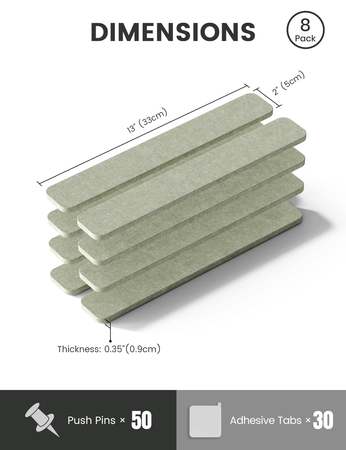 Fluxynara Cork Board Alternative Felt Strip Board 8-Pack 13"x2", Office Pin Board with 50 Push Pins, Adhesive Install for Bedroom Door & Home Office (Sage)