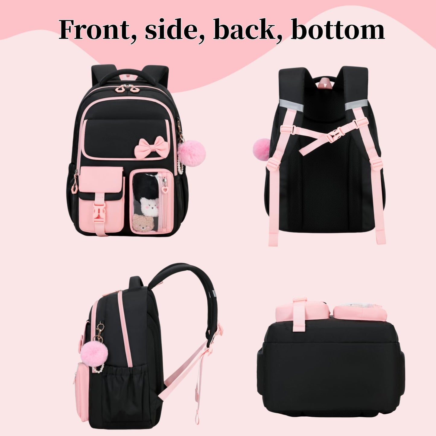 kistou Backpack for Girls Kids Backpack for School with Lunch Bag Pencil Case Kawaii Bow Kids Bookbag for Teen Elementary Middle School