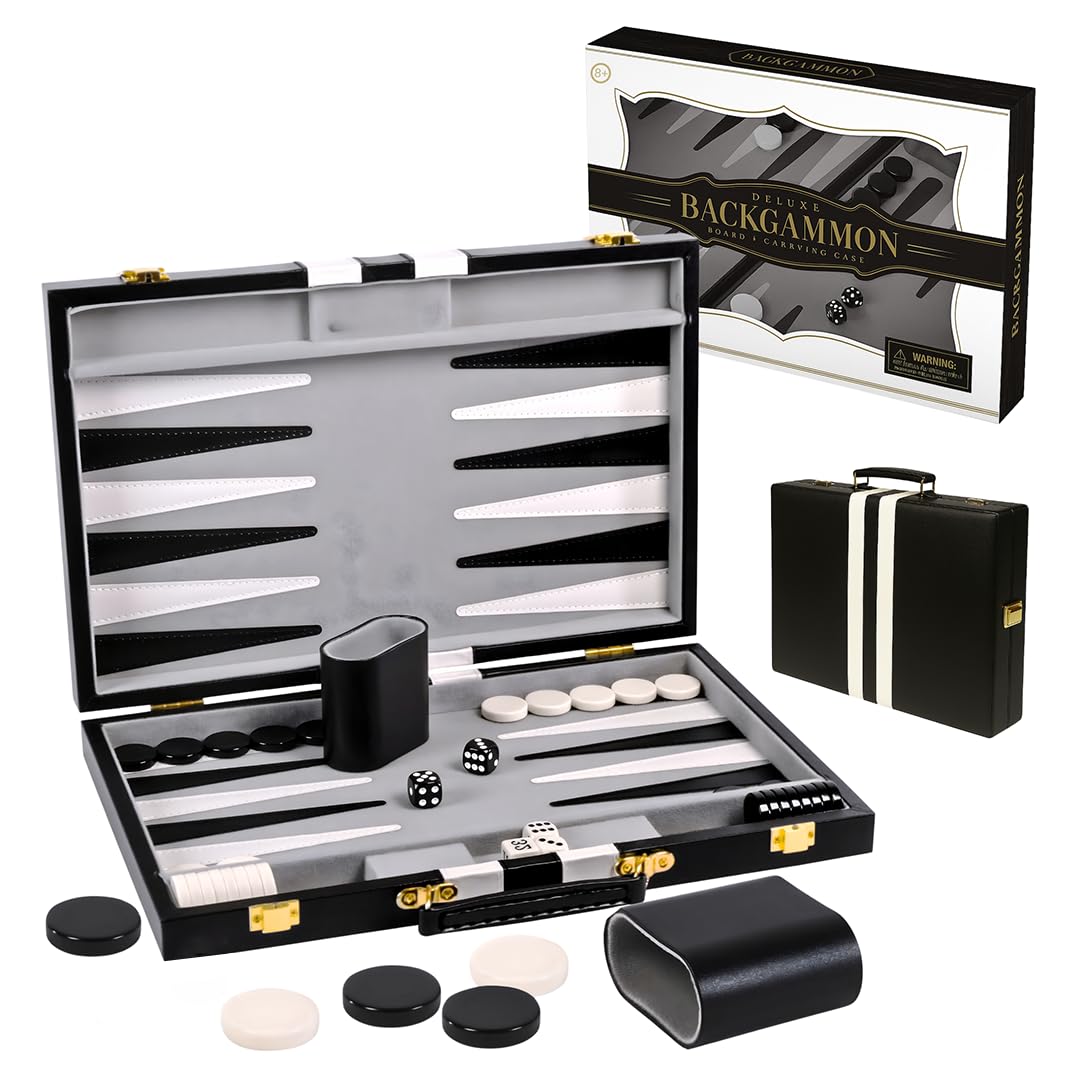 Crazy Games Premium 18 Inches Large Black - Backgammon Sets for Adults and Kids - Leatherette Back Gammon Board Game Set - Travel Backgammon Set Board Encased with Accessories