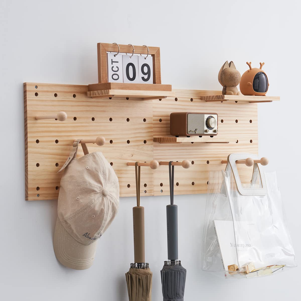 socalsunny Wood Pegboard Combination Wall Organizer Kit, Wooden Display Pegboard Panel Kits for Bedroom, Study, Office, Bathroom, 2 Pieces Pegboards and 15 Accessories