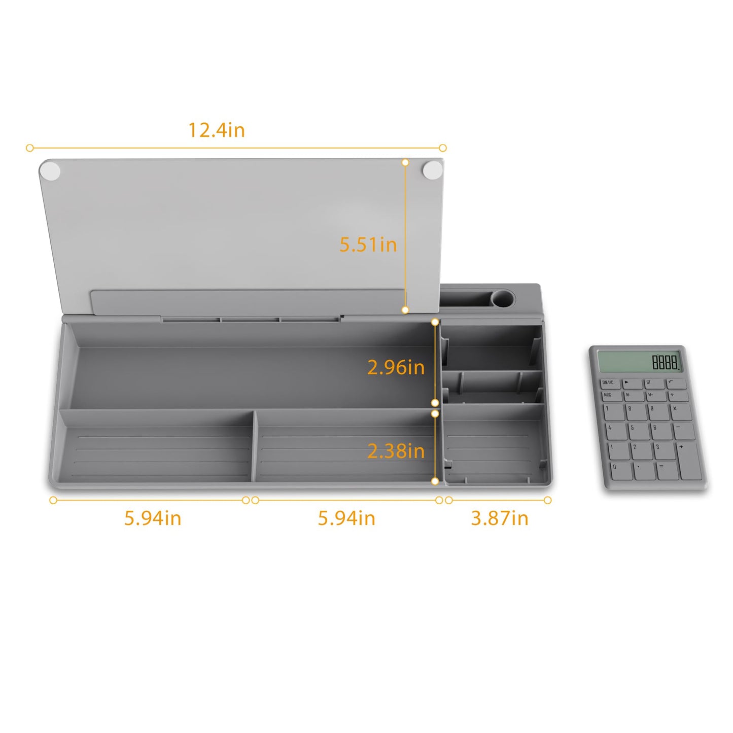 TOWON Desktop Glass Whiteboard with Basic Calculator, 12 Digit LCD Display, Desk Organizers with Accessories for Office, Home, School Supplies, Storage with Dry Erase Board Surface, Gray, 18'' x 6''
