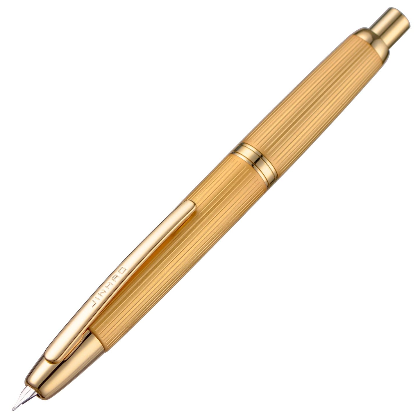 Jinhao 10 Press Fountain Pen with Box, Brushed Matt Gold Retractable Extra Fine Nib with Ink Converter Set (Golden Clip)