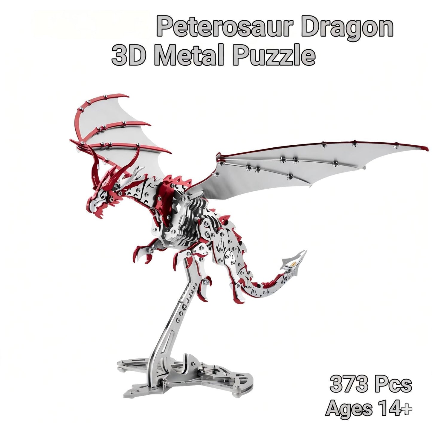Dragon 3D Metal Puzzles for Adults, 373 PCS Stainless Steel DIY Mechanical Metal Model Kits,No Glue Assembly with Movable Joints,Challenging Metal Building Kit Desk Decor Gift(Silver Red Dragon)