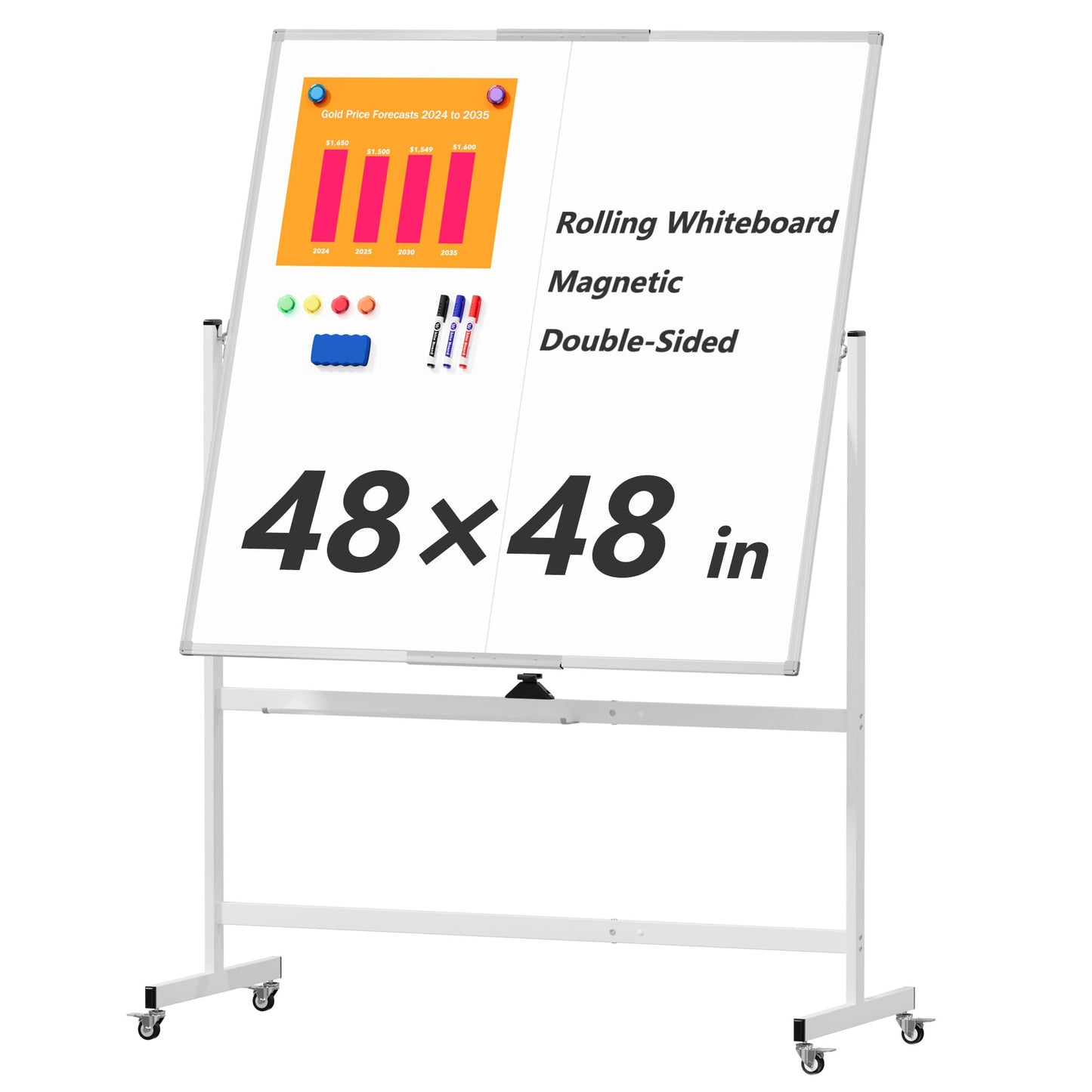 Large Rolling Whiteboard on Wheels, 48" x 48" Double-Sided Mobile White Board with Stand, 4' x 4' Portable Standing Magnetic Dry Erase Board Easel for Home Office Classroom School, Silver