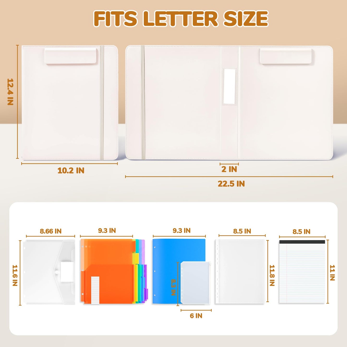 JoyCat 3 Ring Binder Clipboard with Storage,12.4"x10.2" Magnetic Clipboard Folder with 5 Subject Folders,Refillable Lined Notepad (11" x 8.5"),Ideal for School Office Nursing(Beige)