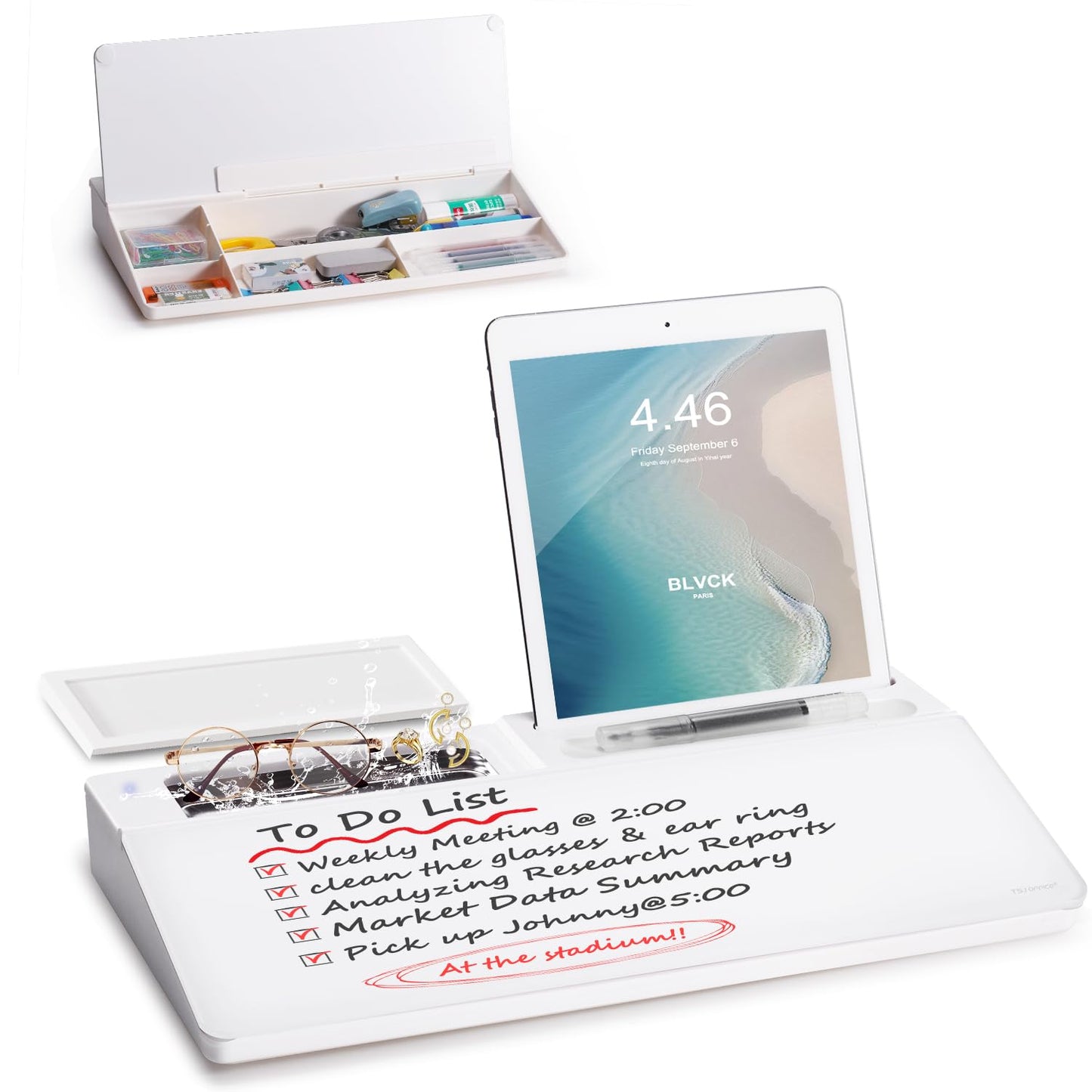 Small Glass Desktop Whiteboard Dry-Erase-Board - Computer Keyboard Stand with Ultrasonic Cleaners White Board Surface Pad with Drawer, Desk Organizers with Accessories