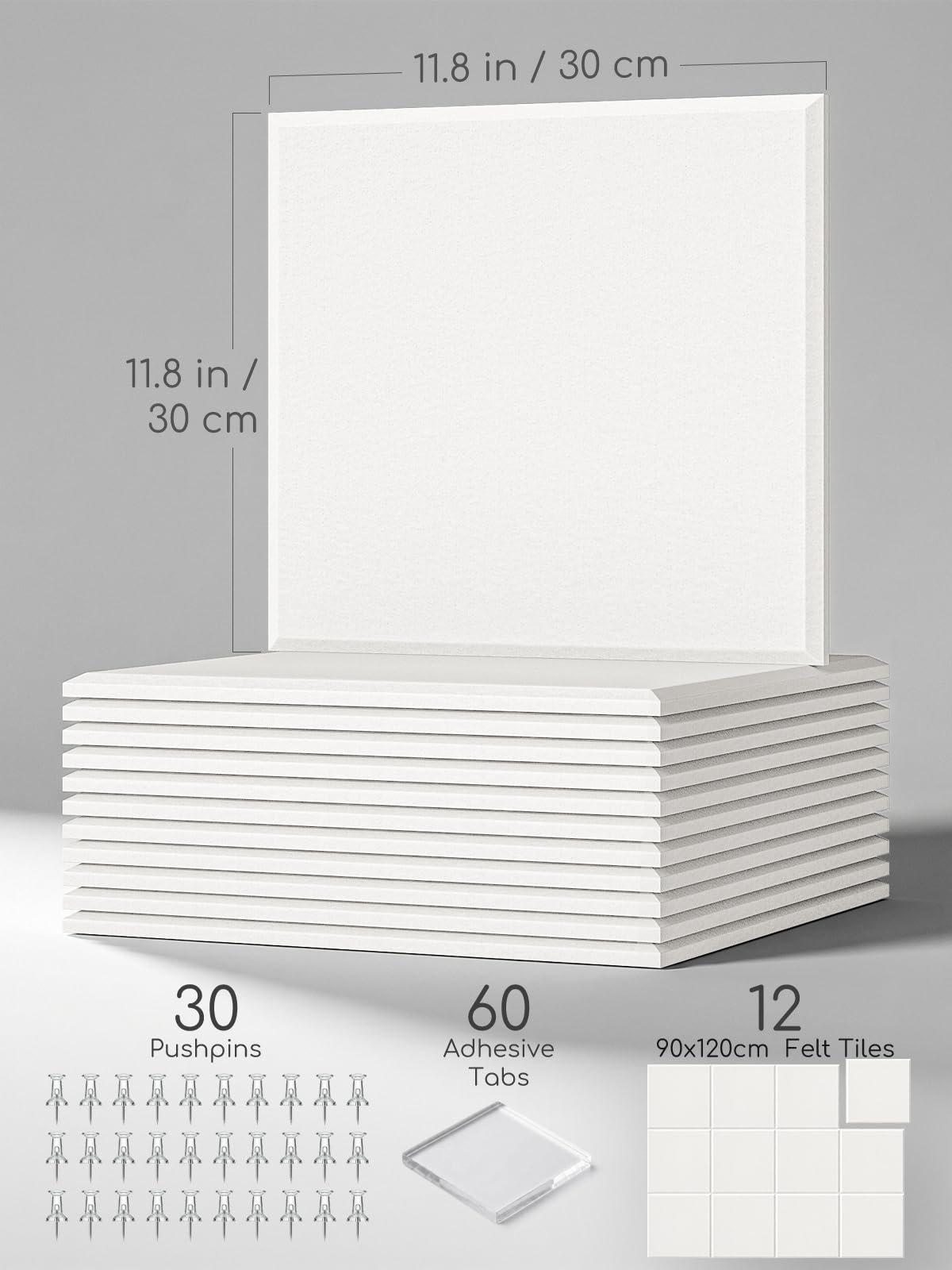 Lightomorrow 0.47" Thick Felt Pin Board Tiles, 12 Pack 11.8 x 11.8 in Bulletin Board 48" x 36", Cork Board Alternative with Adhesive & 30 Push Pins for Home Office Classroom, White