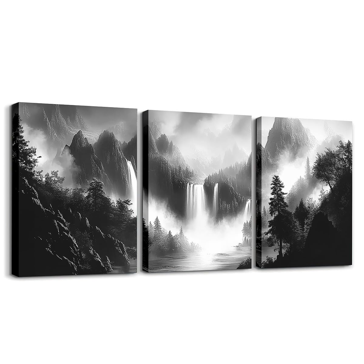jejeloiu Smoky Mountain Canvas Wall Art for Living Room Bedroom 12"x16"x3pcs Black White Picture Wall Decor for Bathroom Waterfall Tree Office Decorations Artwork Posters Nature Scene Painting