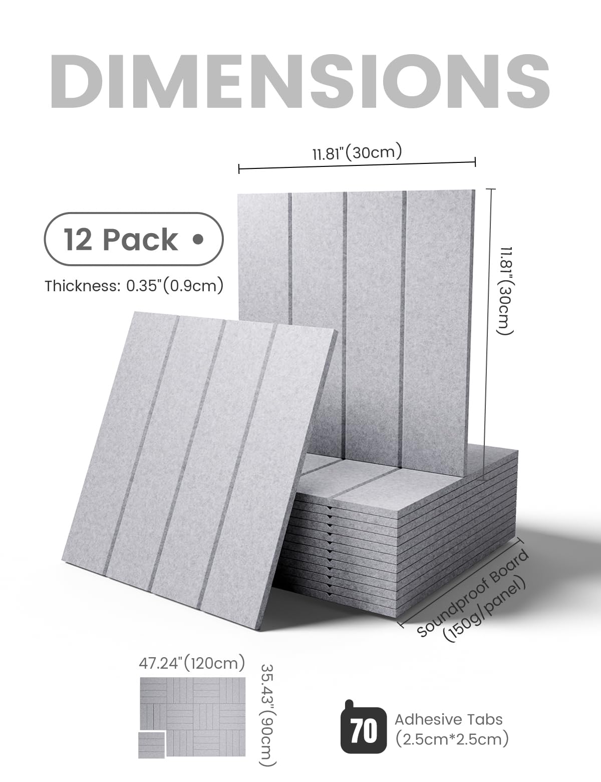 Large Felt Bulletin Board 48" x 36" Cork Board Alternative-12 Pack with 70 Safe Removable Adhesive Tabs, Cork Boards for Walls Pin Board for Home Office Classroom Felt Board-Soft Gray