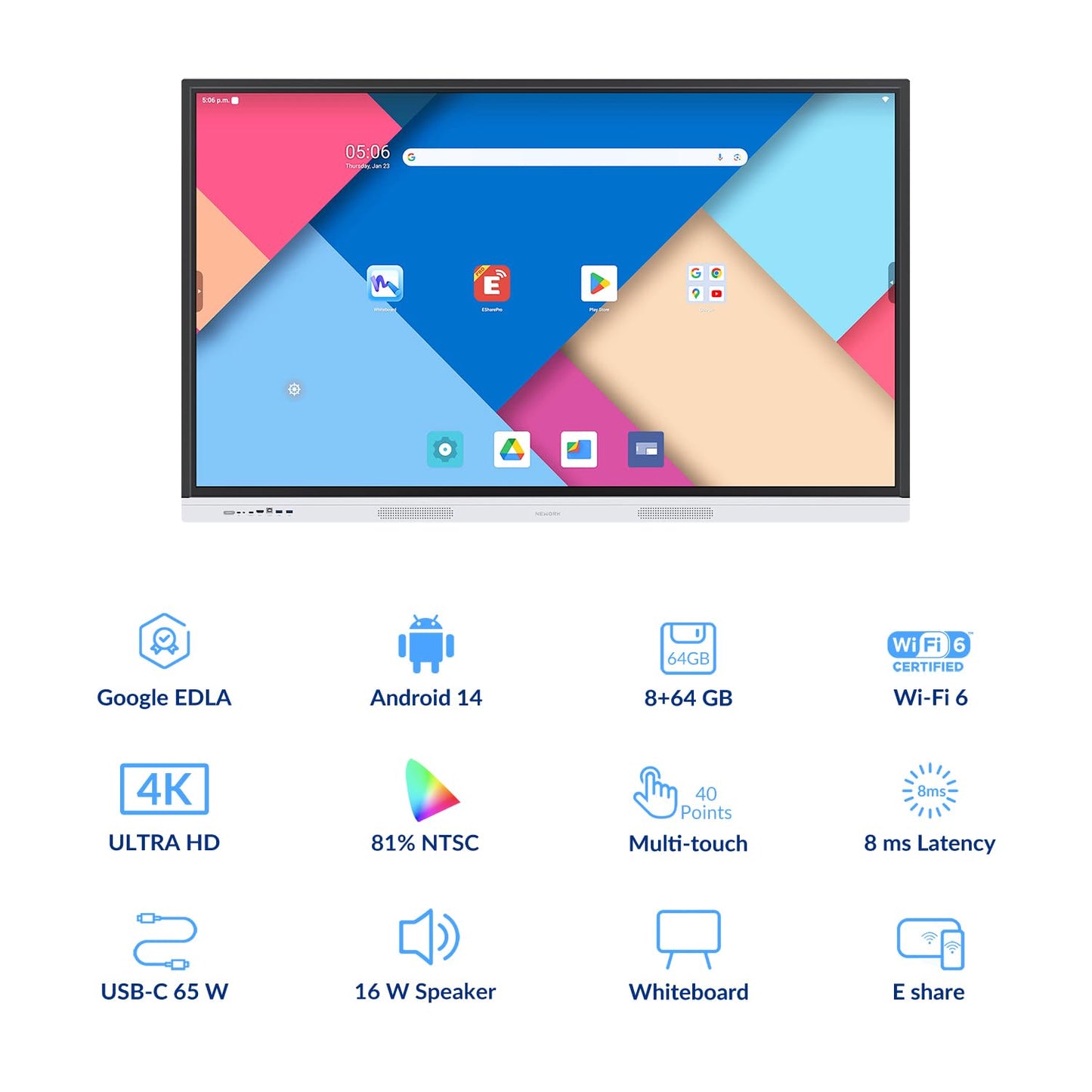 NEWORK 55 Inch 4K Smart Board - Google EDLA-Certified Interactive Whiteboard, Android 14 OS, 50-Point Touch, Wireless Casting - Digital Whiteboard for Classrooms & Hybrid Offices (Board Only)