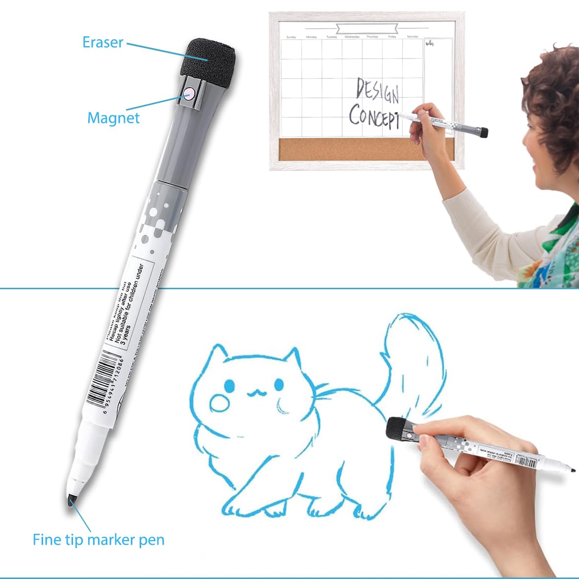 Dry Erase Calendar Whiteboard for Wall, Combination Magnetic Dry Erase White Board & Bulletin Board, 13" x 17" White Wood Framed Calendar/Cork Combo Board,Including 8 Markers and 1 Eraser(WH-3343+1)