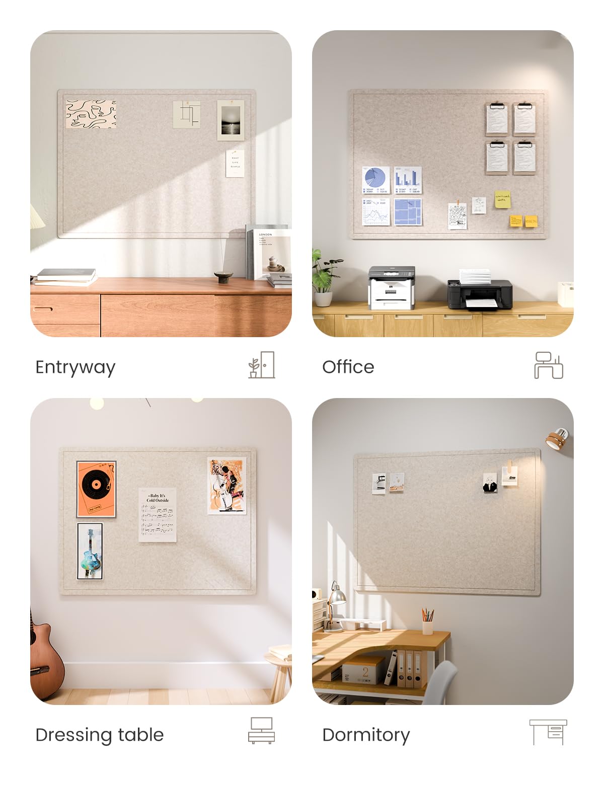 Fluxynara Large Bulletin Board, 47.2" x 35.4" Cork Board Alternative with 24 Safe Removable Adhesive Tabs, Foldable Felt Pin Board for Home Office, Classroom, Bedroom,Entryway for Walls—Oatmeal