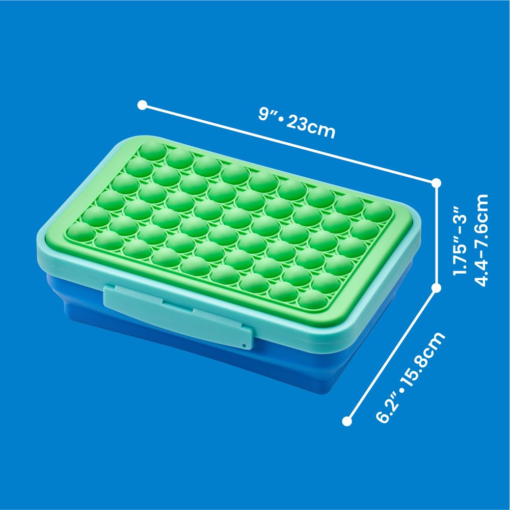 LockerMate by Bostitch Expandable Pencil Box with Pop-It Top Collapsible Pencil Case for Craft and School Supplies, Green/Blue