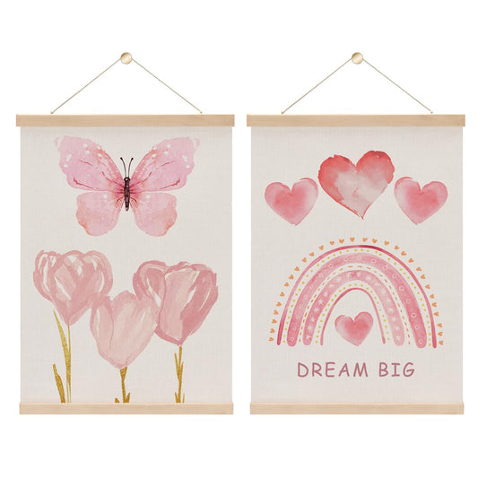 2PCS Pink Girls Room Dream Big Wall Art Poster Hanger,Girl Room Decor,Watercolor Pink Butterfly Rainbow Floral Hanging Banner With Wooden Frames for Nursery Toddler Bedroom Decor 15.8x11.8 Inch