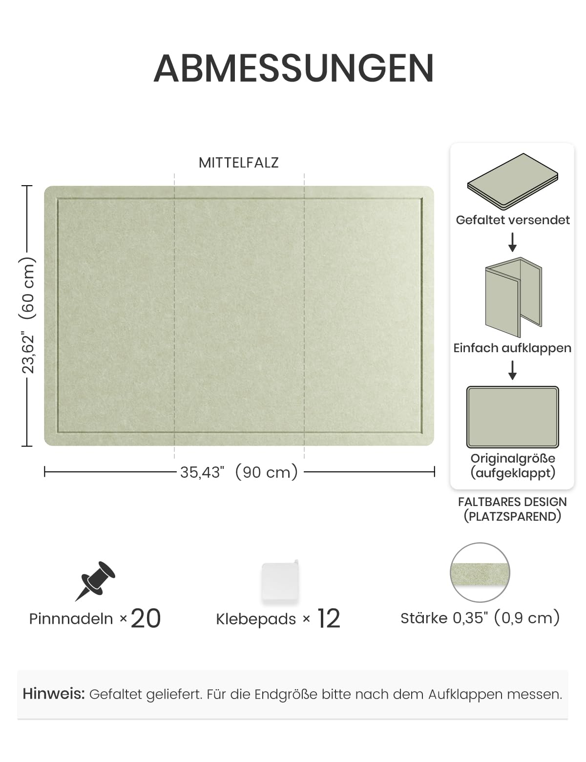 Fluxynara Bulletin Board, 35.4" x 23.6" Cork Board Alternative with 12 Safe Removable Adhesive Tabs, Foldable Felt Pin Board for Home Office, Classroom, Bedroom,Entryway for Walls—Sage