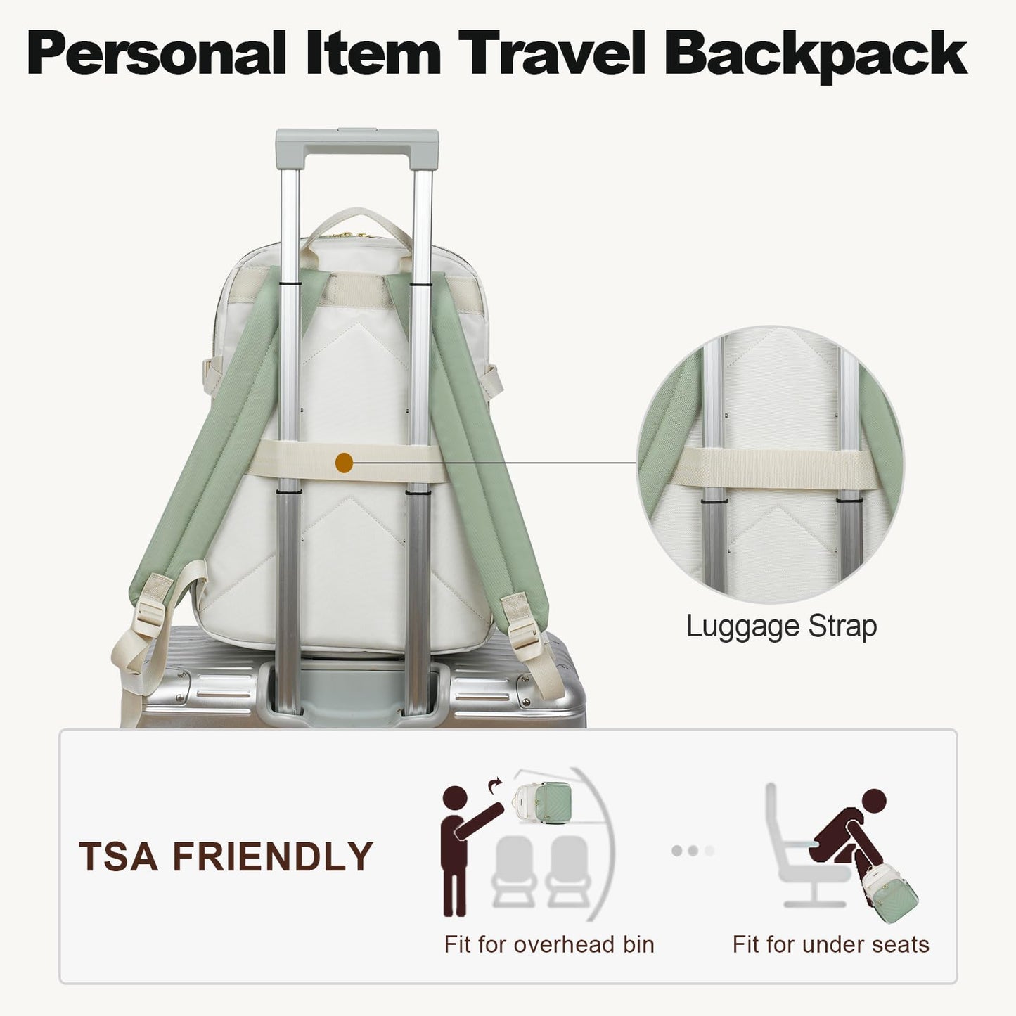 VANKEAN Laptop Backpack for Women with Pouch Pocket for Large Capacity Tumbler, 15.6 Inch Laptop Computer Bag Travel Backpack Purse,Waterproof Work Business College Teacher Bags, Beige-Light Green