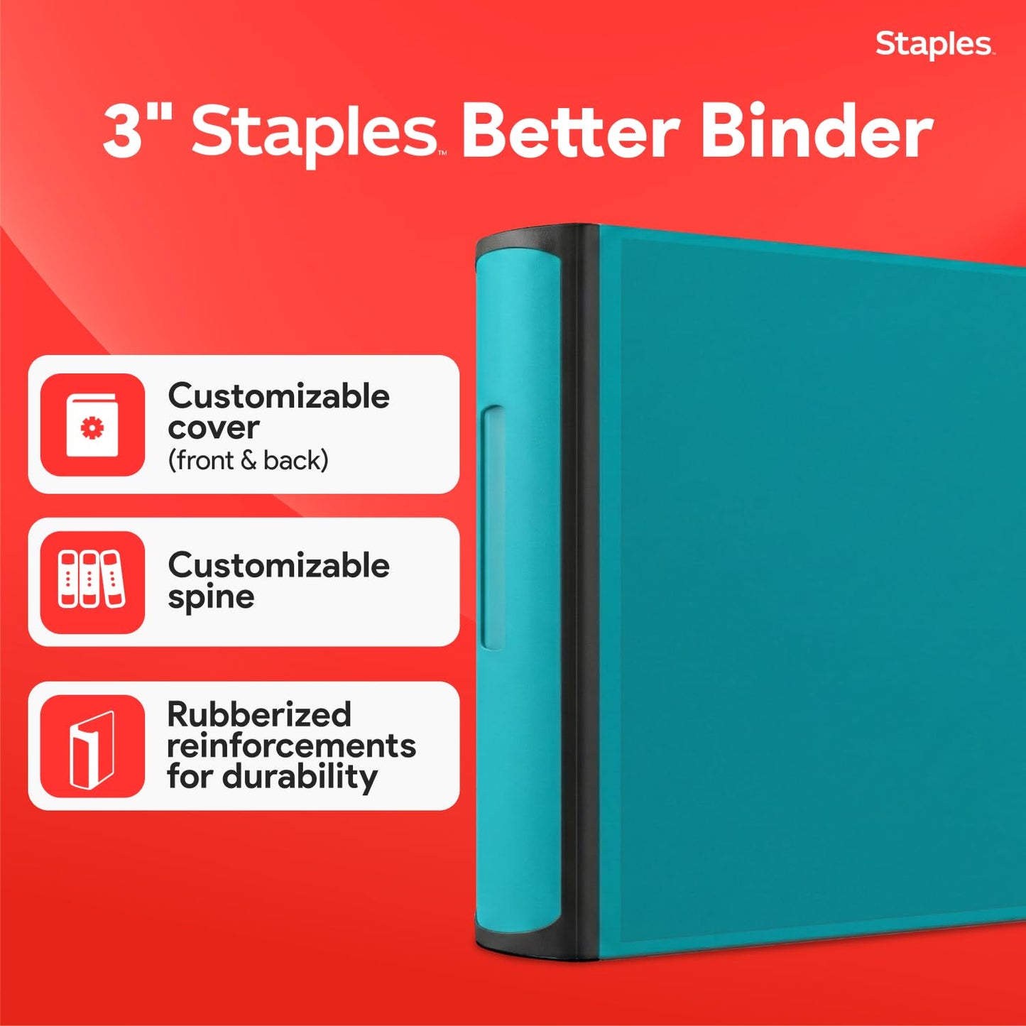 Staples Heavy-Duty 3-Inch D-Ring Binder, Teal – Large Capacity 3-Ring Binder with Pockets, Holds Up to 600 Sheets
