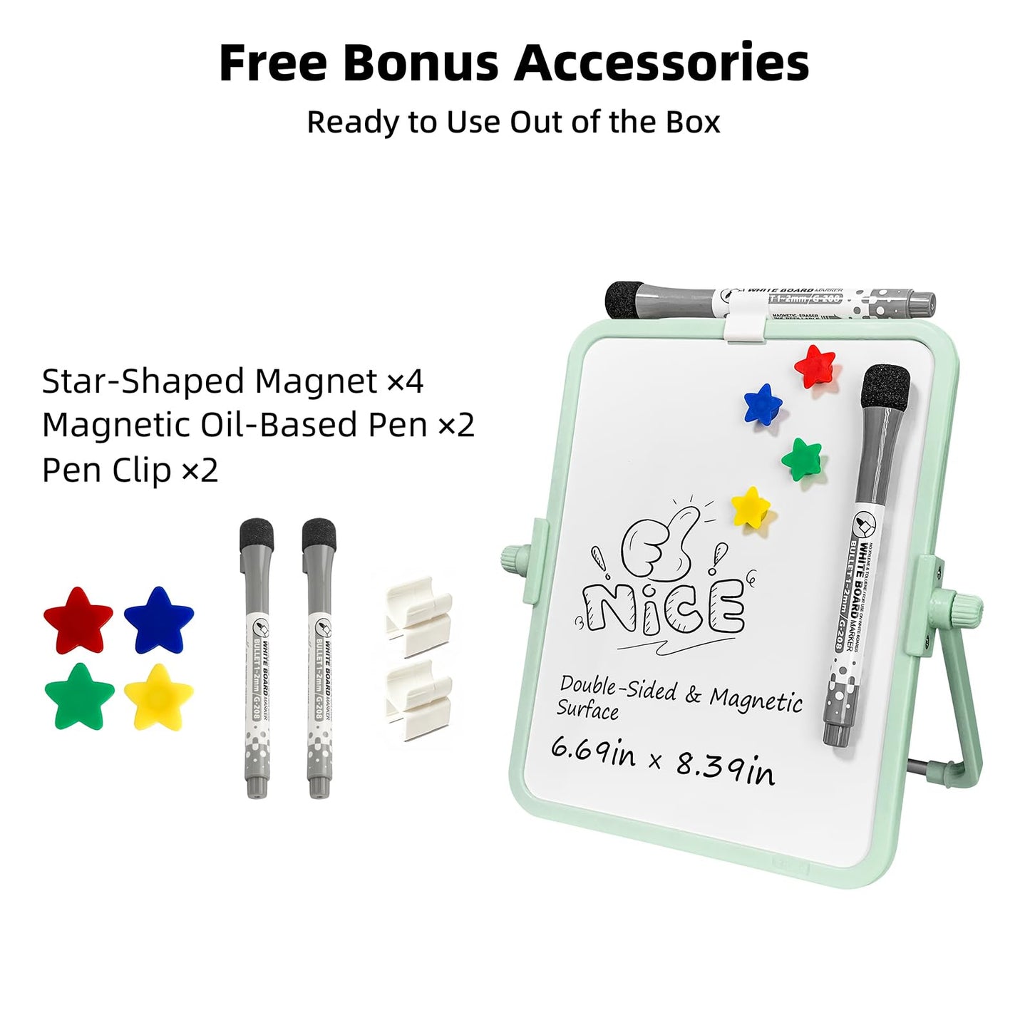 FUNISKETCH Magnetic Dry Erase Whiteboard, 6.7x8.4 Inch Double-Sided Desktop Easel with Stand, 2 Eraser Head Markers & 4 Magnets, Portable White Board for Planning, Memo, Office, Home, School（Green）