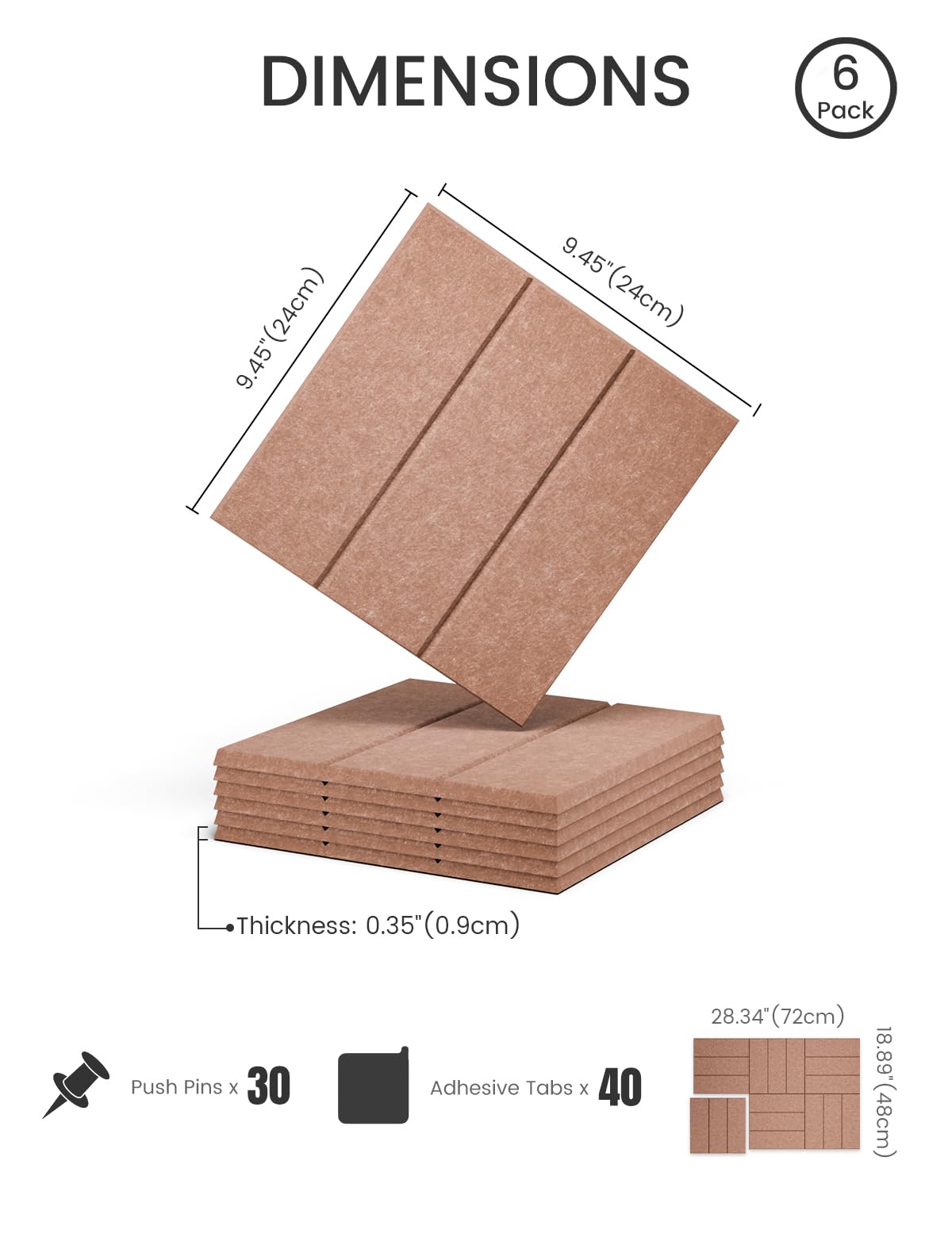 Felt Bulletin Board Tiles -28"x18" with 40 Adhesive Tabs, Cork Board Alternative for Office Decor, Push Pin Board Wall Organizer 6-Pack(Terracotta)