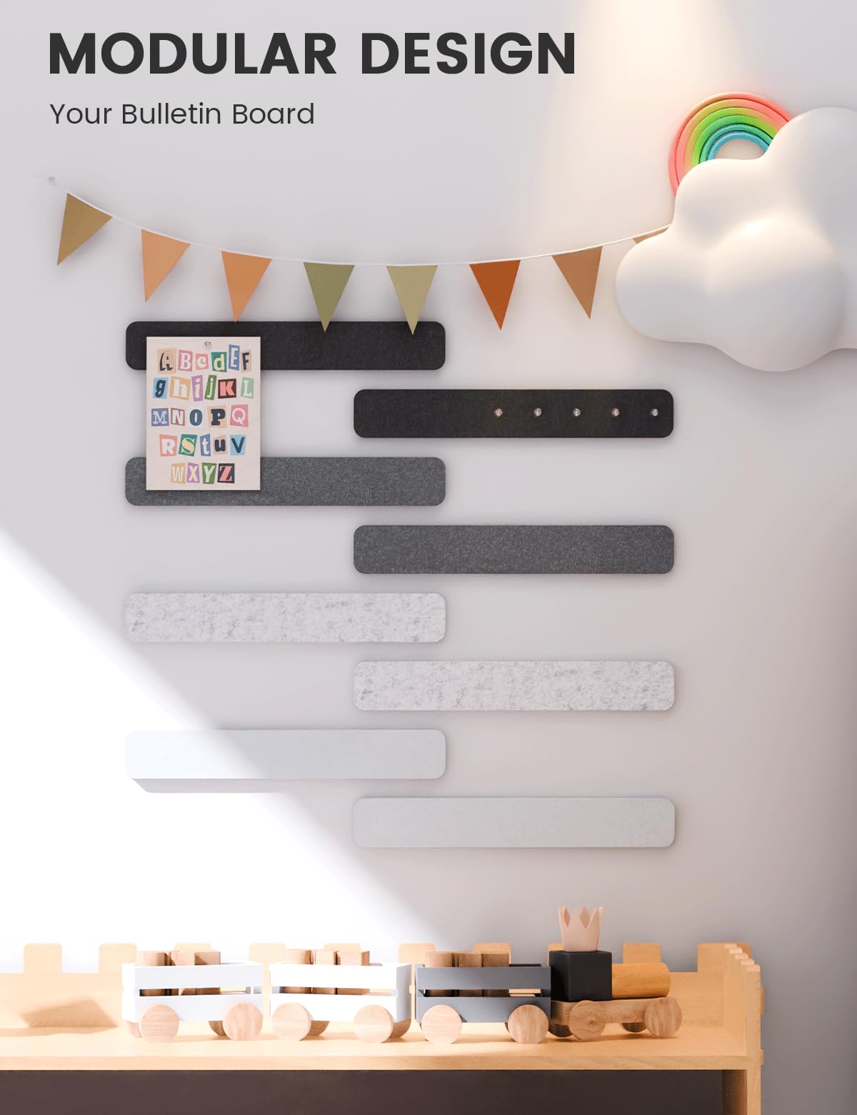 Fluxynara Cork Board Alternative Felt Strip Board 8-Pack 13"x2", Office Pin Board with 50 Push Pins, Adhesive Install for Bedroom Door & Home Office (Concrete Echo)