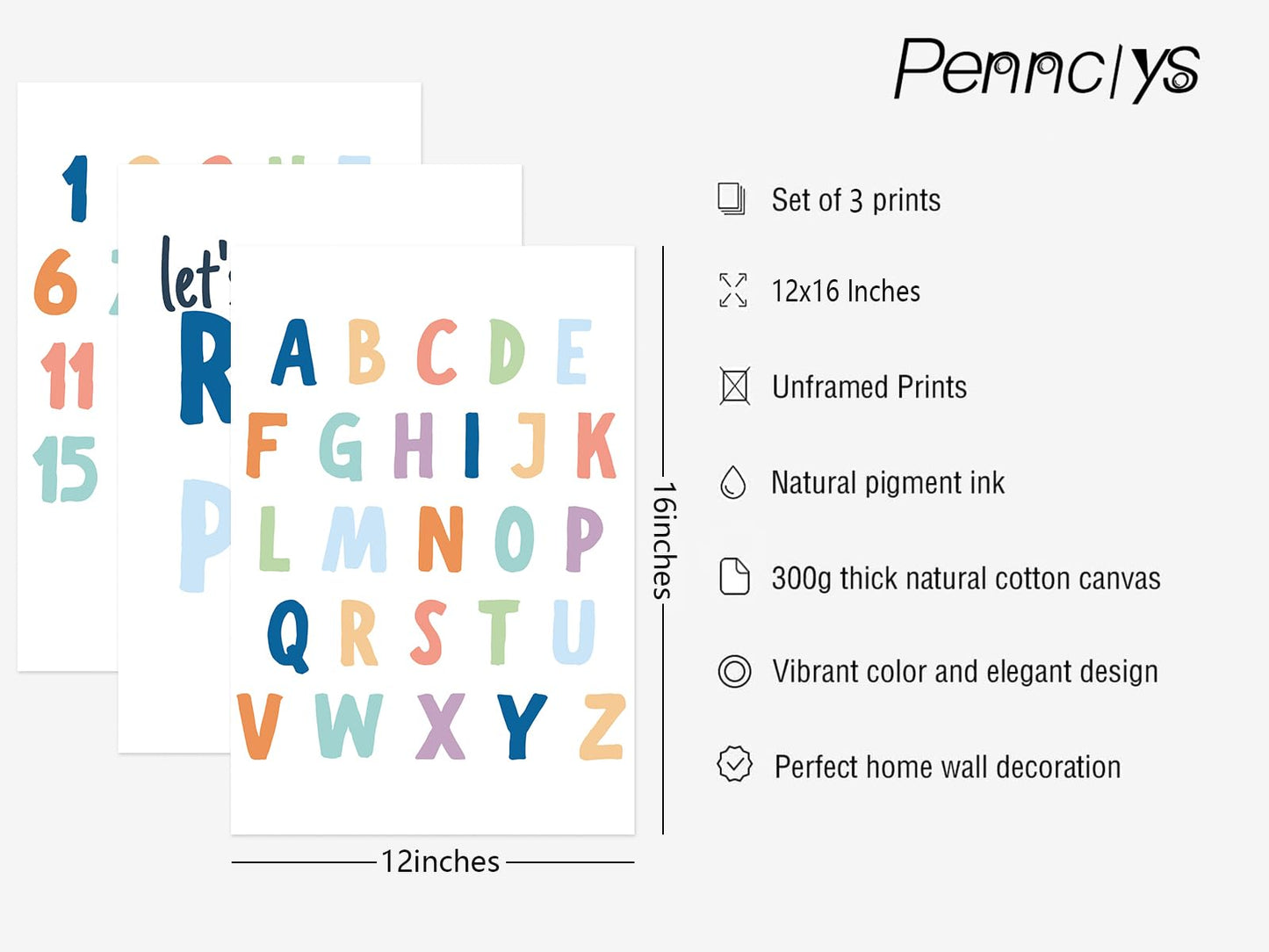 Pennclys Kids Playroom Wall Art Decor Alphabet Poster Play Room Canvas Wall Decor ABC Nursery Wall Art 123 Toddler Poster Let's Read for Boy Girl Room 12x16 Inch Unframed Set of 3