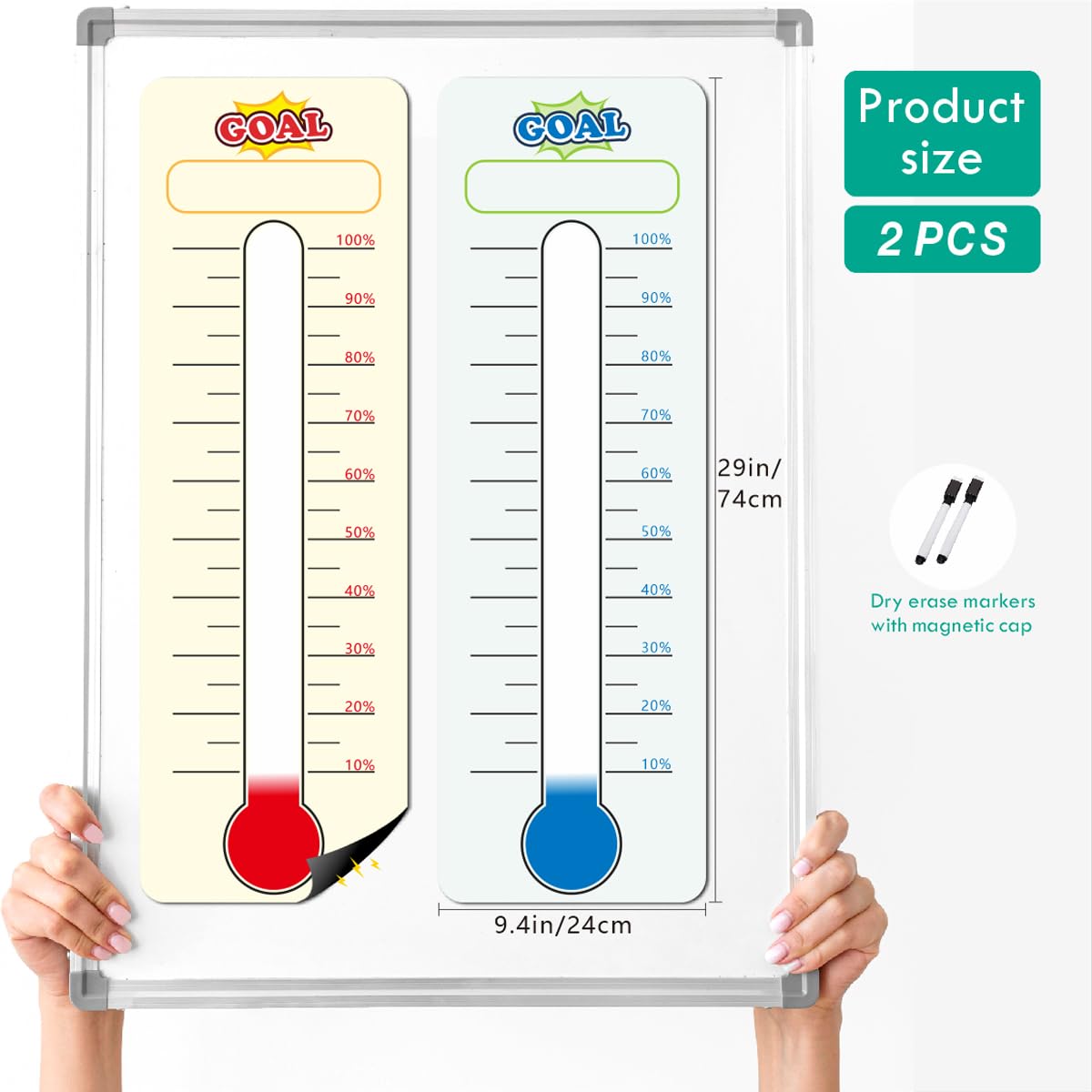 2 Pcs Magnetic Fundraising Thermometer Charts，Dry Erase Goal Trackers Chart Thermometer Goal Setting - Poster Charts for Home, School and Office