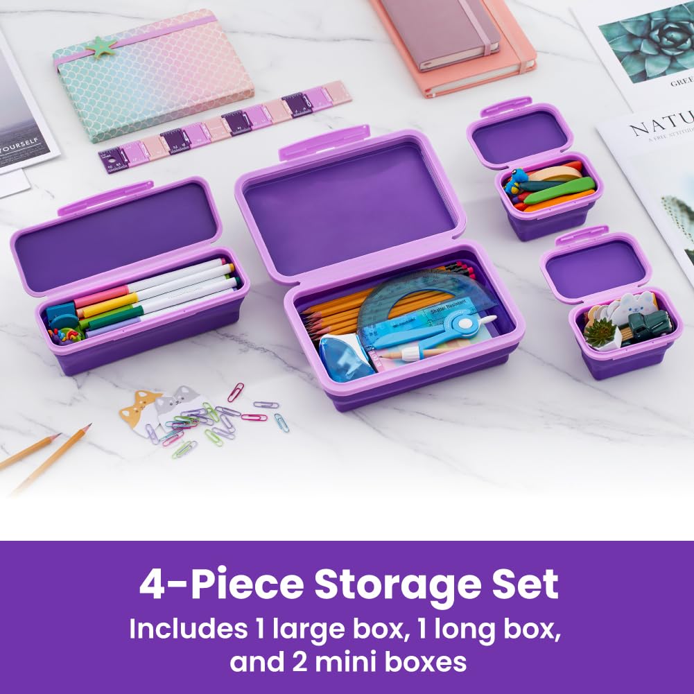 LockerMate by Bostitch Flexi Storage Box 4 Piece Kit, Collapsible Pencil Case Design for Craft and School Supplies, Purple