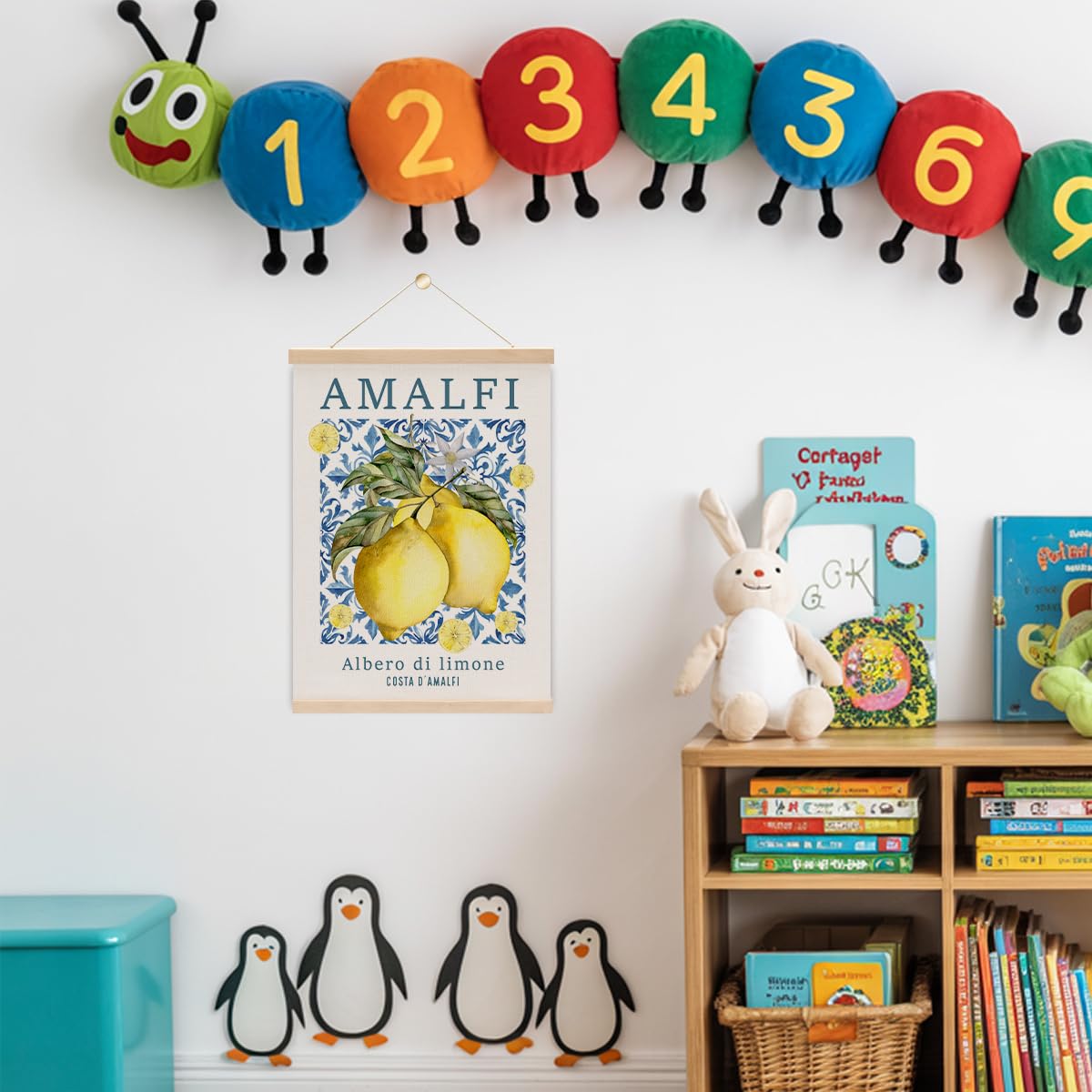 Italian Amalfi Coast Lemon Wall Art Poster Hanger, Blue Mediterranean Tiles Lemons Tree Italian Wall Art With Wooden Poster Hanger for Home Kitchen Living Room Dining Room Decor 15.8x11.8 Inch