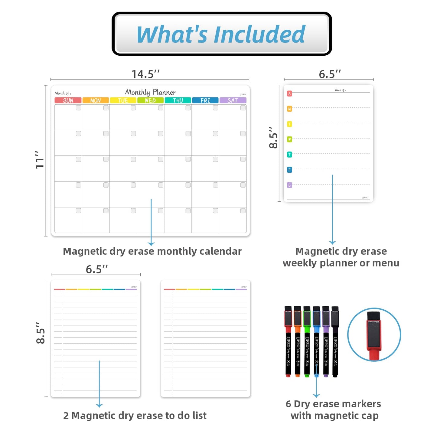 JJPRO Magnetic Monthly Calendar Whiteboard Set for Refrigerator-Monthly Planning Board, Weekly Menu Planner and to Do List for Fridge with 6 Markers-14.5" x11