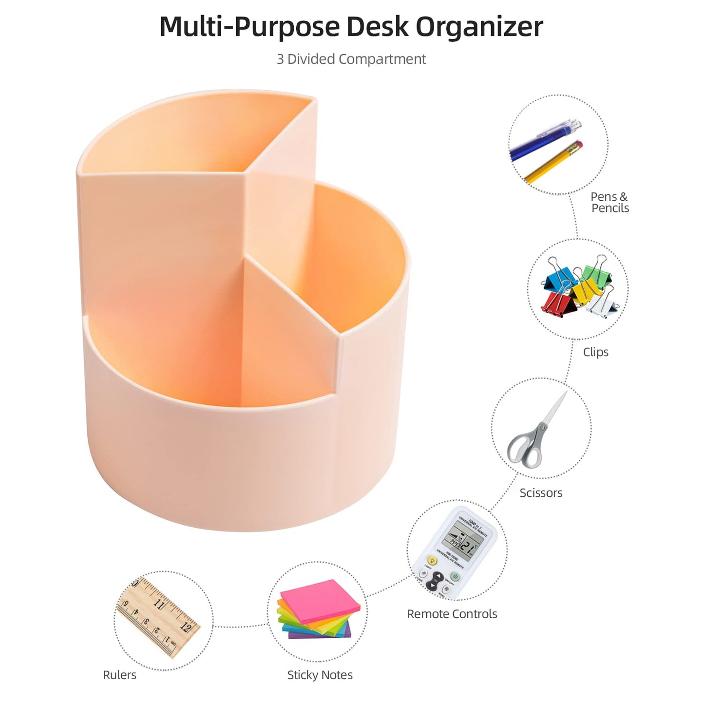 EDENMS Desk Pencil Pen Holder, 3 Slots 360-Degree Spinning Organizers, Desktop Storage Stationery Supplies, Cute Cup Pot for Office, School, Art Supply, Kids - Pink