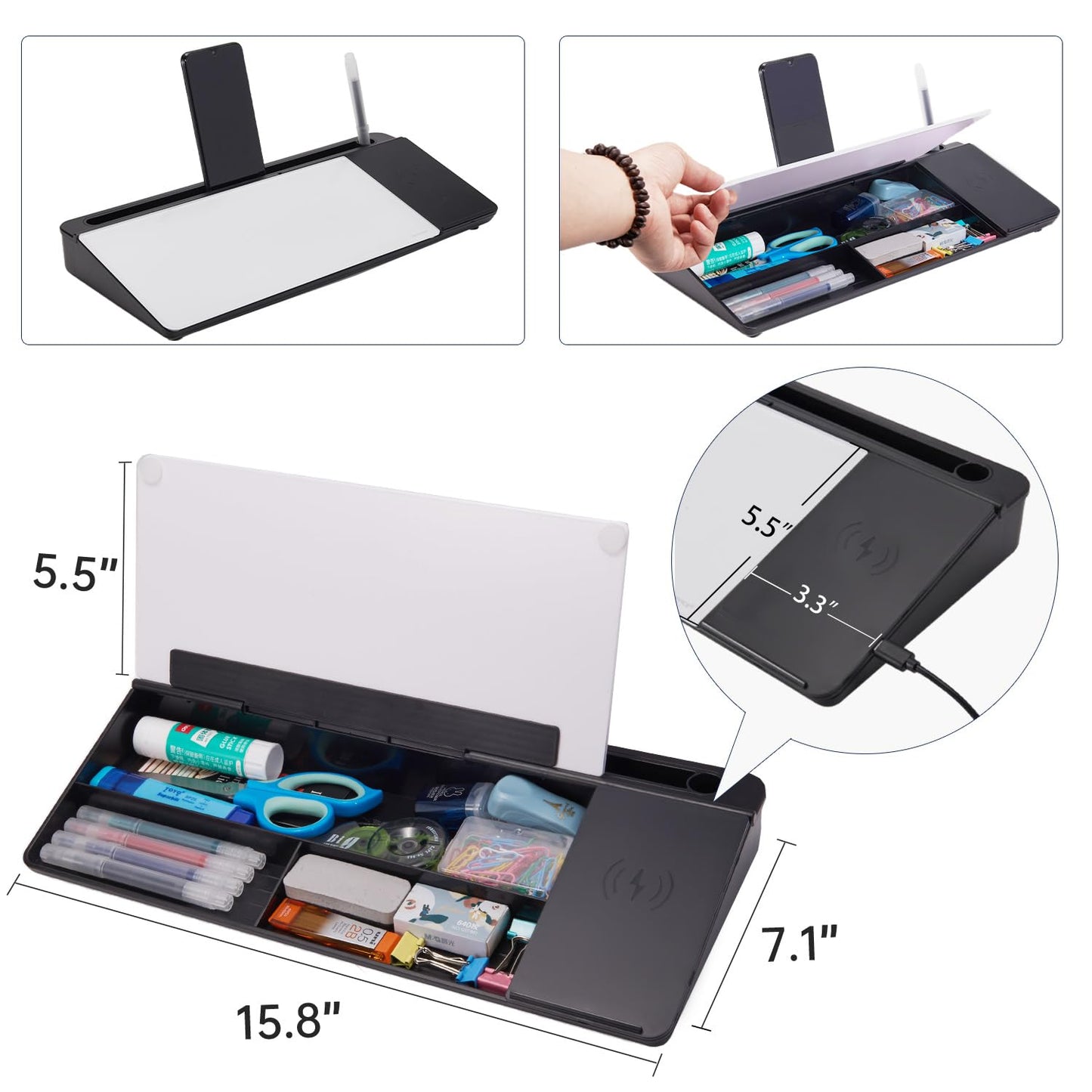 Small Glass Desktop Whiteboard Dry-Erase-Board - Computer Keyboard Stand with Wireless Charger White Board Surface Pad with Drawer, Desk Organizers with Accessories for Office, Home, School Supplies