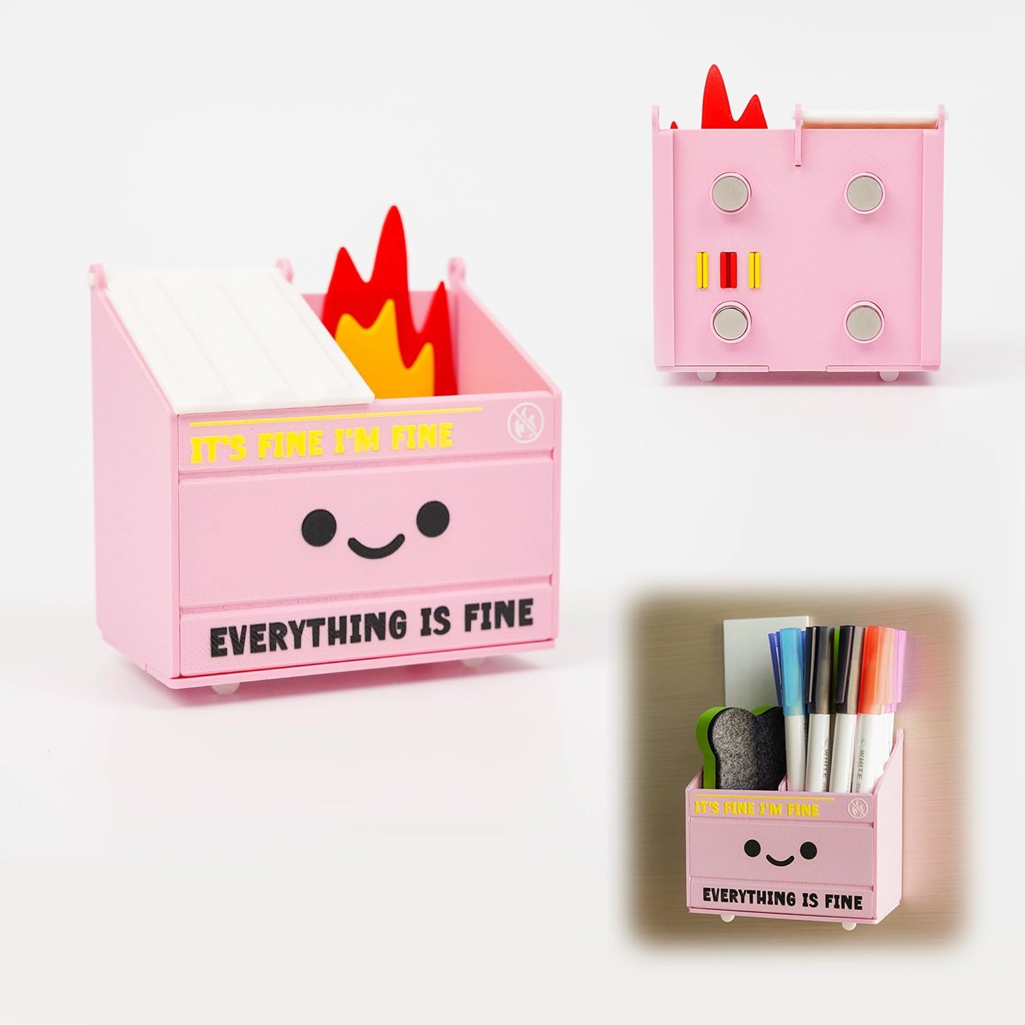 Tian Zhun Dumpster Fire Magnetic Pen Holder Funny Pink Magnetic Pencil Holder Magnetic Locker Organizer for Refrigerator Whiteboard Home Office Hospital Marker pen storage