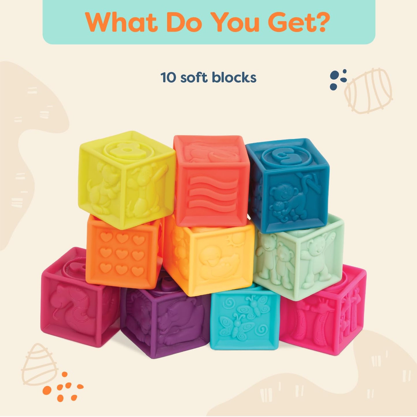 B. toys – Baby Blocks – Stacking & Building Toys for Babies – 10 Soft Blocks with Numbers, Shapes, Animals – Educational & Developmental – 6+ Months – One Two Squeeze