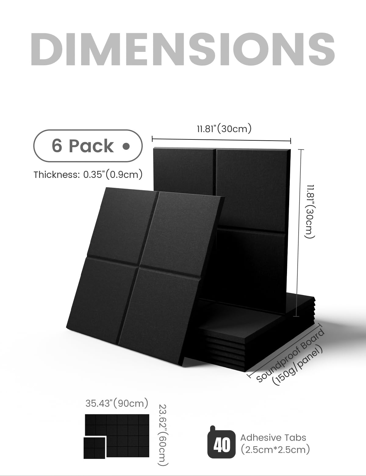 Large Felt Bulletin Board 36"x24", 6-Pack 4-Compartment Wall Organizer, Cork Board Alternative with 60 Removable Adhesive Tabs, Modular Felt Panels for Home Office, Classroom and Study-Black