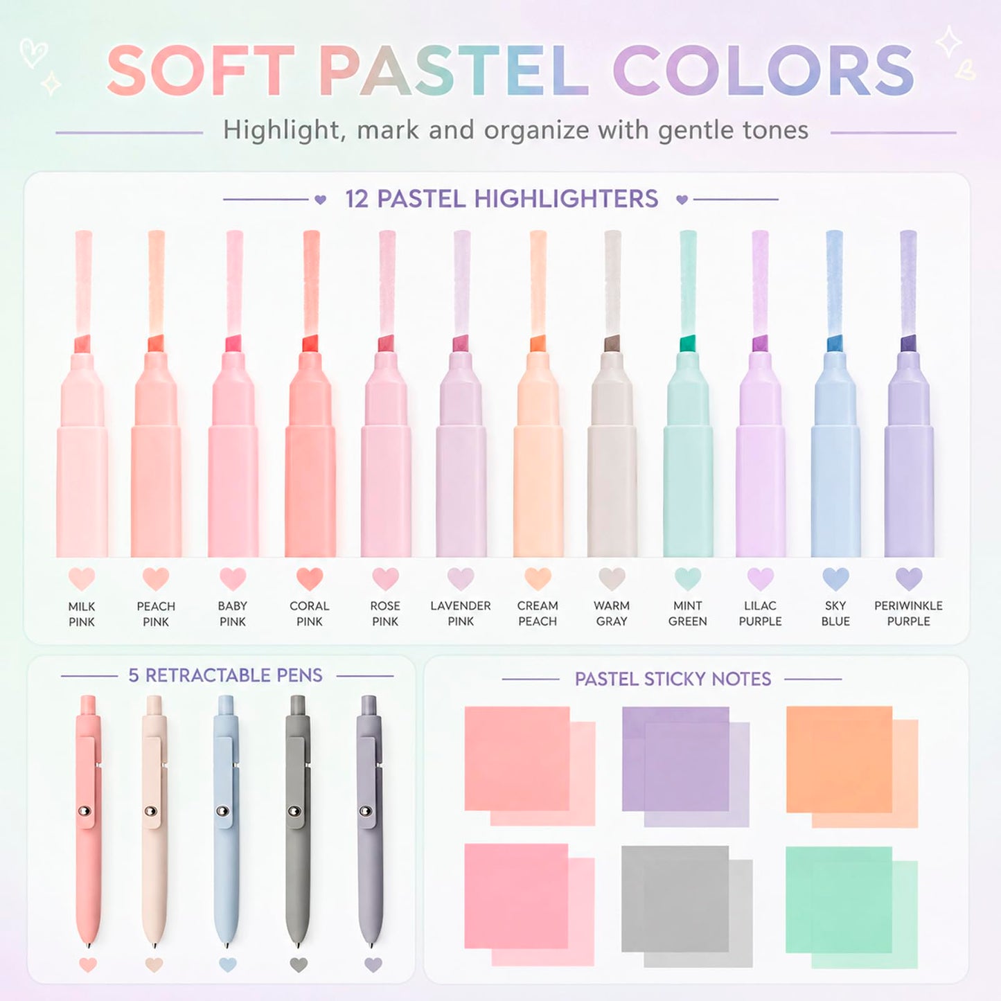 Aesthetic School Supplies with Pencil Pouch - 27Pcs Cute College Essentials Set, Big Capacity Pen Case, Pastel Highlighters, Bible Study Journaling Stationary, Annotation Kit Stuff Gift for Girls Teen