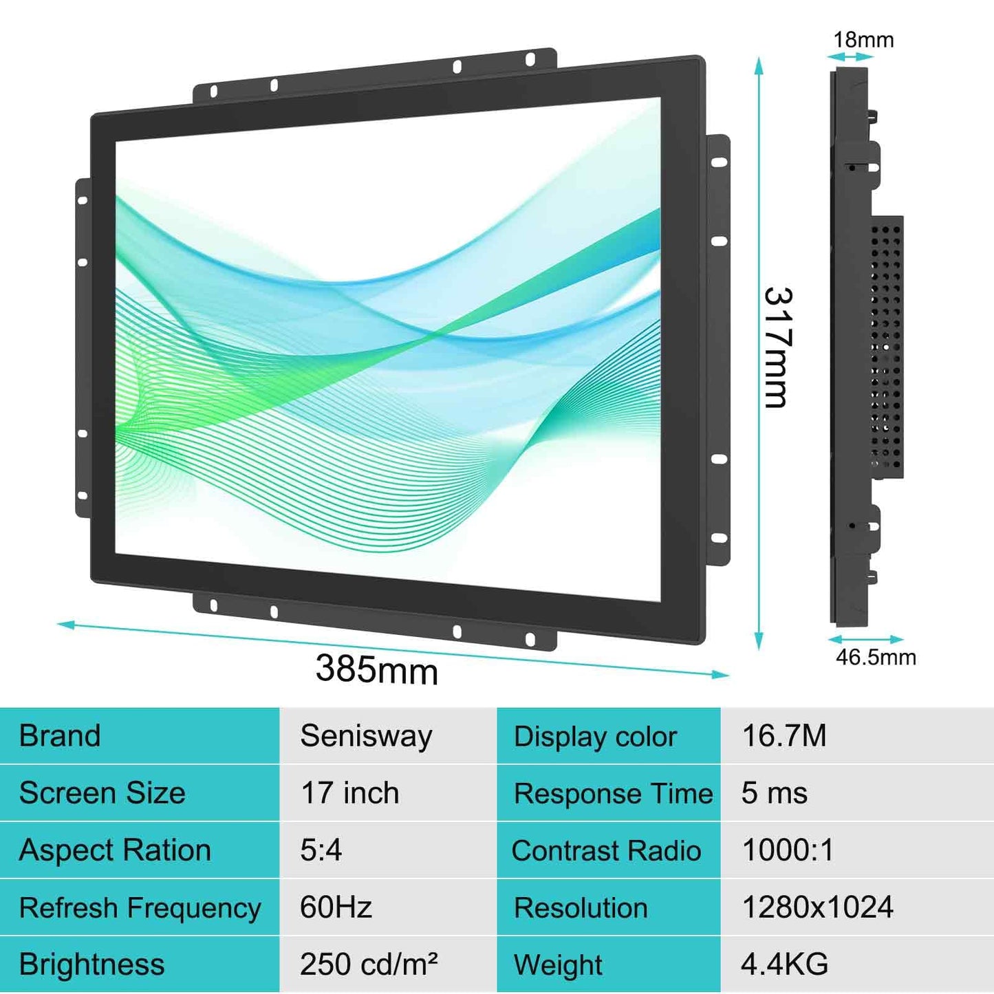 Senisway 17" Industrial Touch Screen Monitor Open-Frame Design with IP65 Waterproof Surface, 10-Point Capacitive Touch, IK08, 1280x1024 for Kiosk, Automation and Digital Signage.