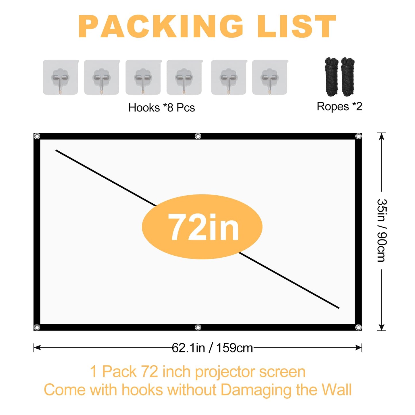 Projector Screen, 72Inch Outdoor Projector Screen, Washable & Foldable - Ideal for Indoor/Outdoor Home Theater, Camping, Office, 16:9 Aspect Ratio, 4K HD, Projector for Movies On Wall