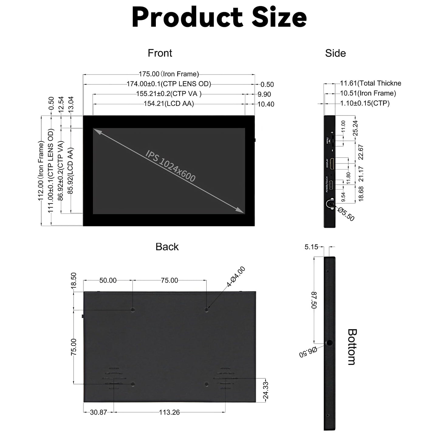 Ransanx 7 Inch Mini Monitor Small Monitor with Capacitive Touch Screen 1024 * 600 High Pixel Display Full View HDMI- IPS Monitors Portable for Raspberry Piscreen 、for BB Black、for Banana Pi etc