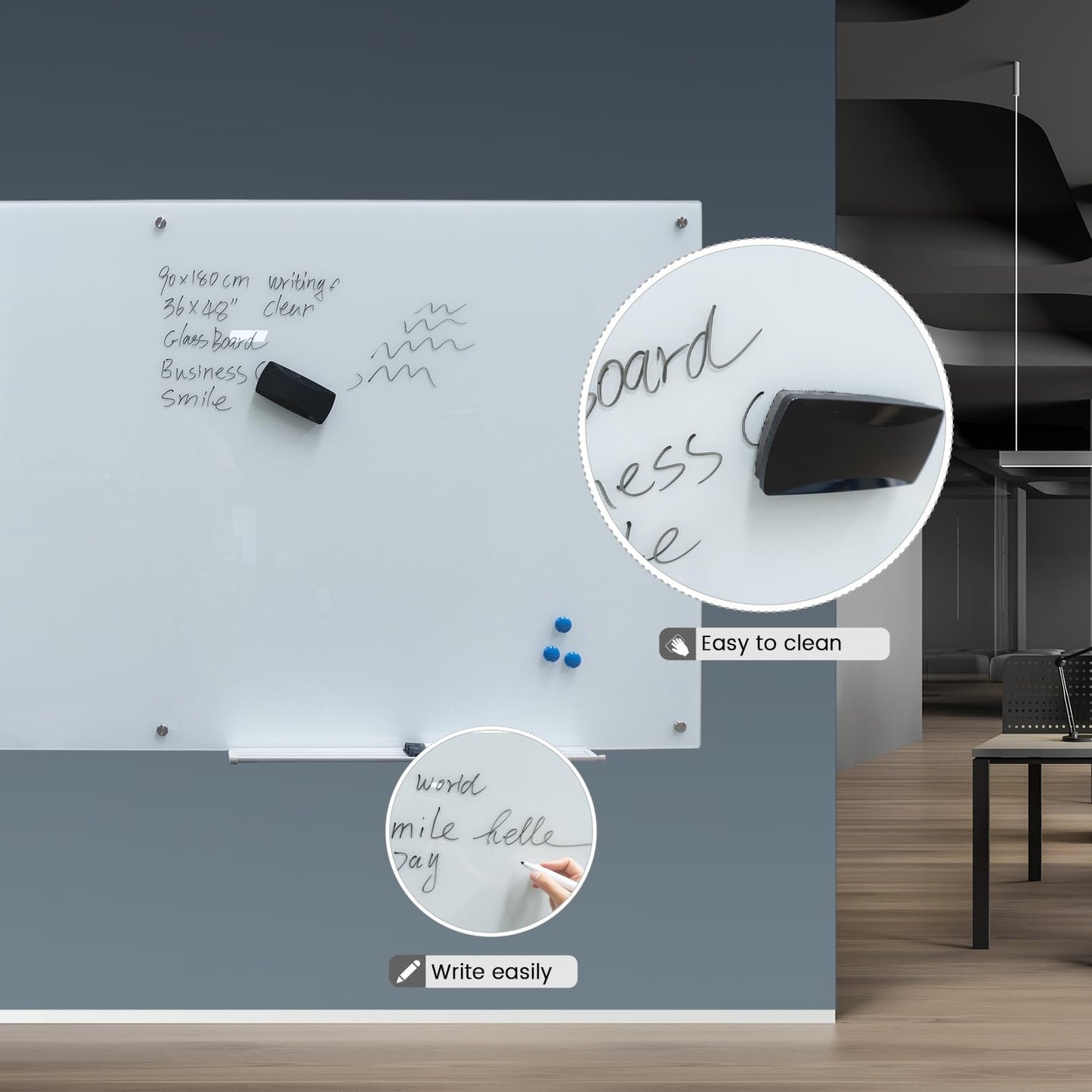 Magnetic Glass Writeboard Tempered Glass Dry Erase Boards Wall Mounted Frameless Whiteboard Bulletin Message Boards (White, 72" Wx36 H)