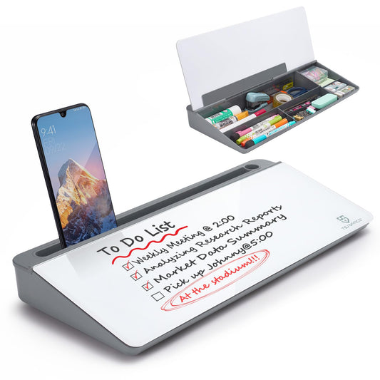 Small Desktop Glass Whiteboard Dry-Erase-Board - Computer Keyboard Stand White Board Surface Pad with Drawer, Desk Organizers with Accessories for Office, Home, School Supplies - Grey