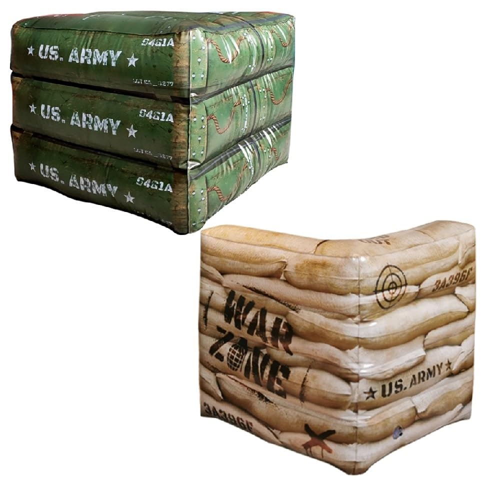 2-Piece Inflatable Combat Barricade Set — Includes 1 Army Box and 1 Sandbag for Laser Tag, Water Blaster, Dart Blaster, and Action Game Parties