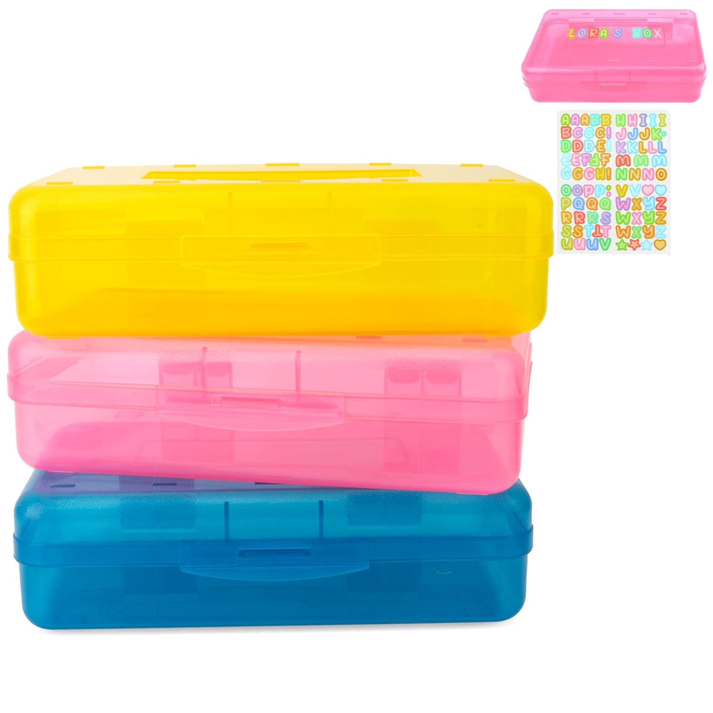 Blue Large Plastic Pencil Box 3 Pack with Aesthetic Design and Hard Case, Comes with Stickers in Pink and Clear Colors